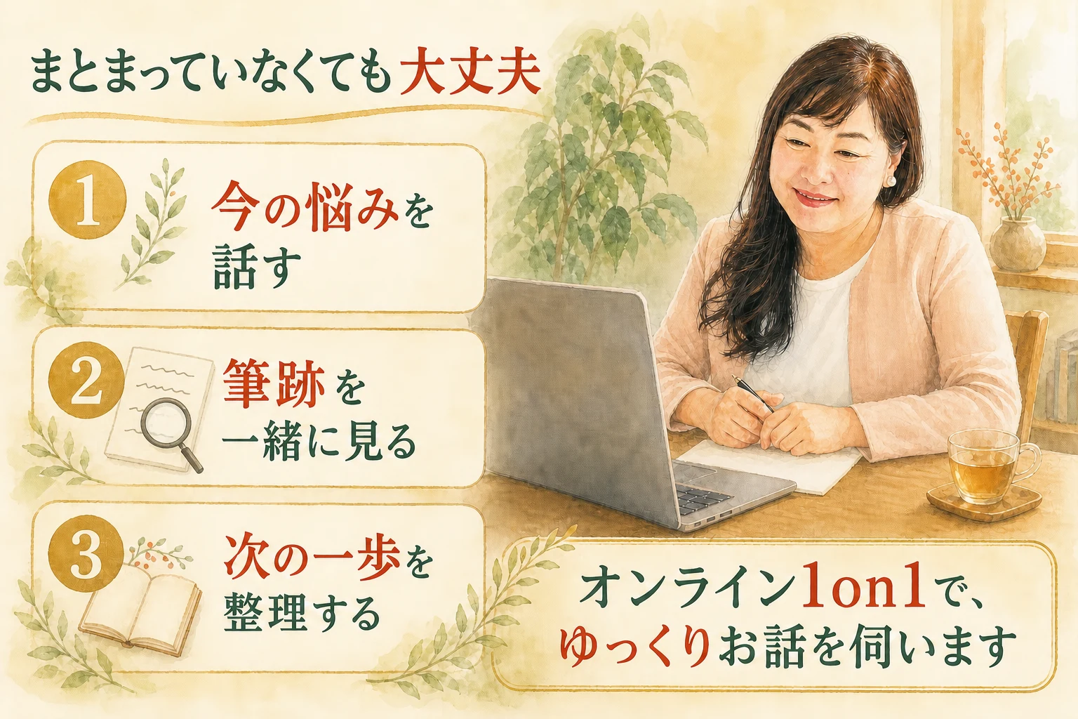 今の悩みを話し、筆跡を一緒に見て、次の一歩を整理するオンライン相談の流れ