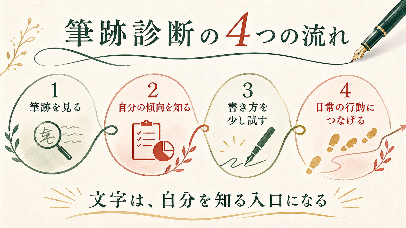 筆跡を見る、自分の傾向を知る、書き方を少し試す、日常の行動につなげるという筆跡診断の4つの流れ